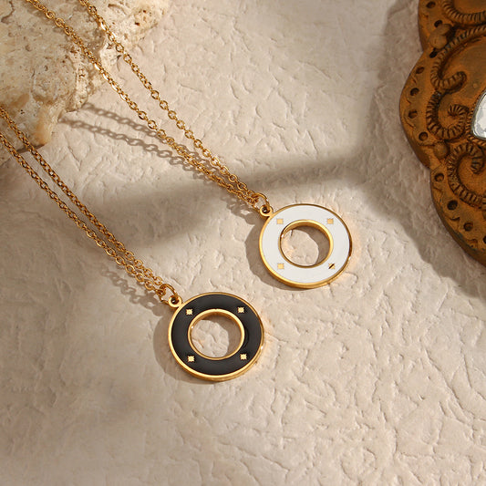 Minimalist Geometric Stainless Steel Enamel Shiny Round Pendant Necklace for Women
