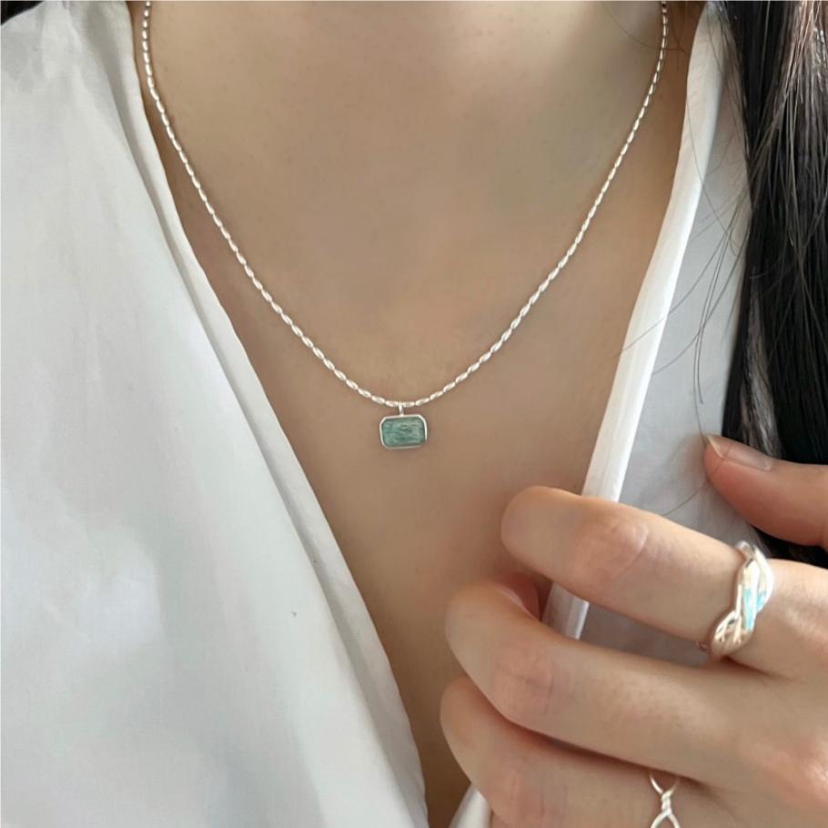 Minimalist Geometric Olive Bead Necklace in 925 Sterling Silver with Plated Finish and Snake Chain