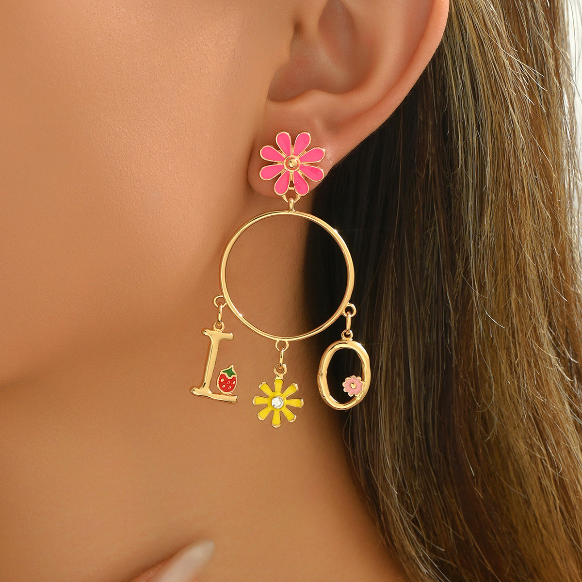 Floral and Letter Design Enamel Earrings for Women in Zinc Alloy with Stainless Steel Posts