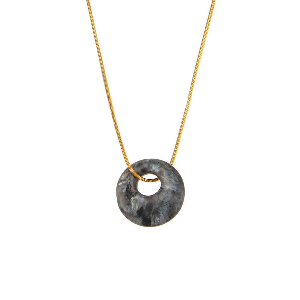 Minimalist Geometric Round Natural Stone Pendant Necklace in Stainless Steel with Plating Finish for Women