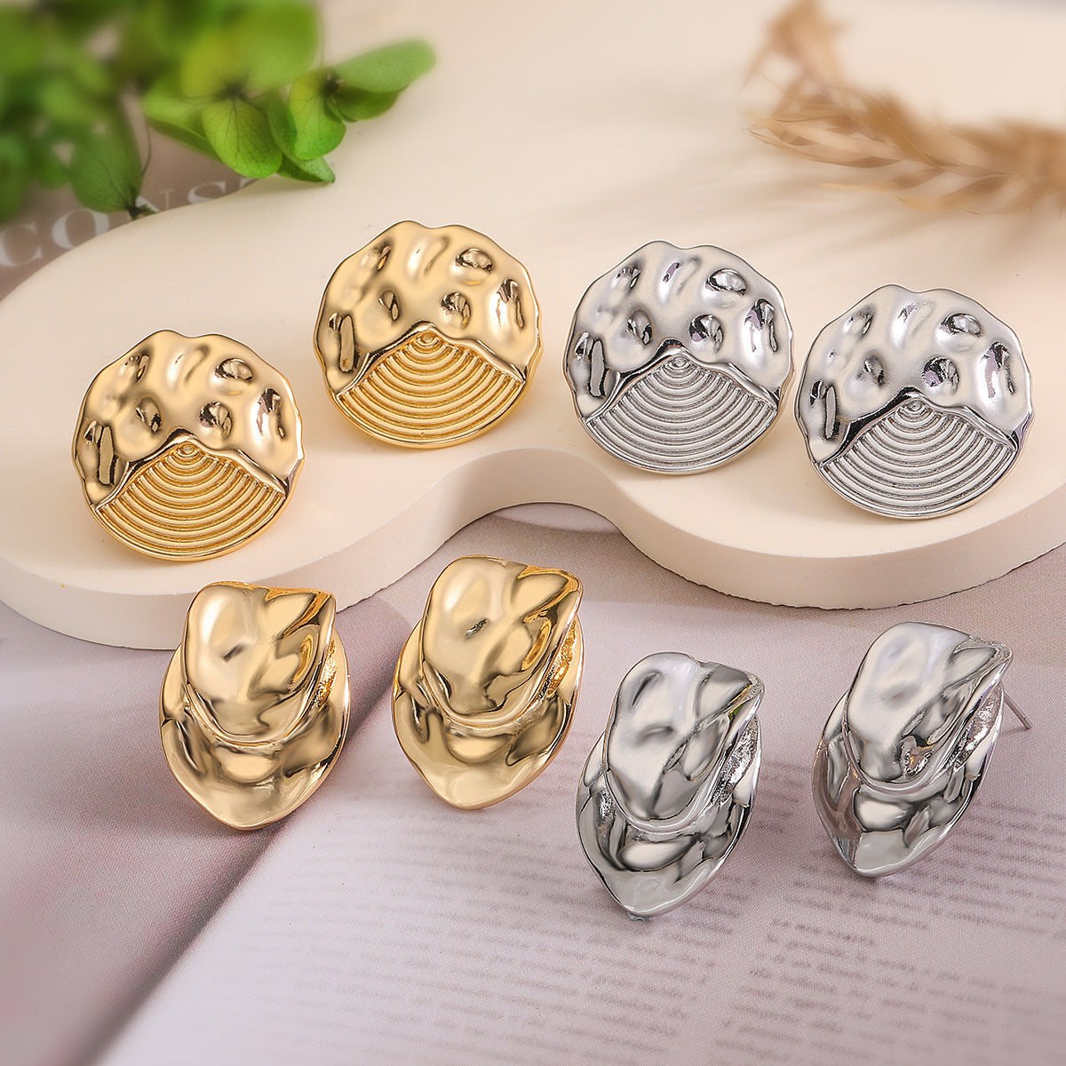Minimalist Geometric Copper Stud Earrings for Women with Real Gold Plating Vintage-Inspired Elegant Design