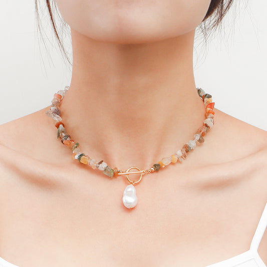 Minimalist Geometric Alloy Necklace with Pearl Accents and Turquoise Beads for Women