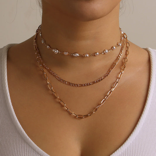 Collar con colgante de perla minimalista para mujer con cadena de aleación y acabado chapado, joyería de moda multicapa