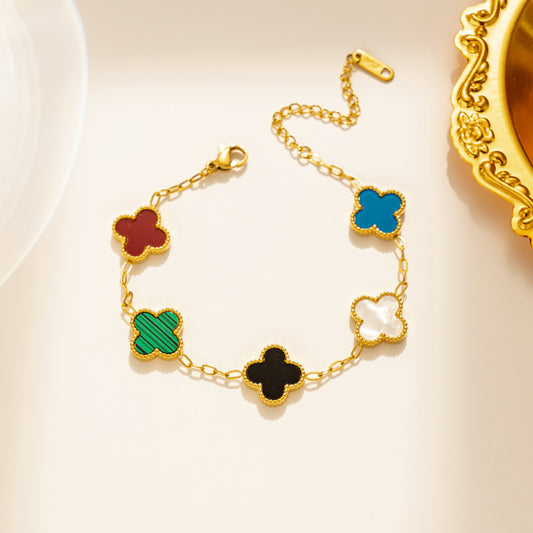 Pulsera de trébol de cuatro hojas geométrica de lujo, chapada en oro de 18 quilates, de acero de titanio, de doble cara, cinco colores, para mujer