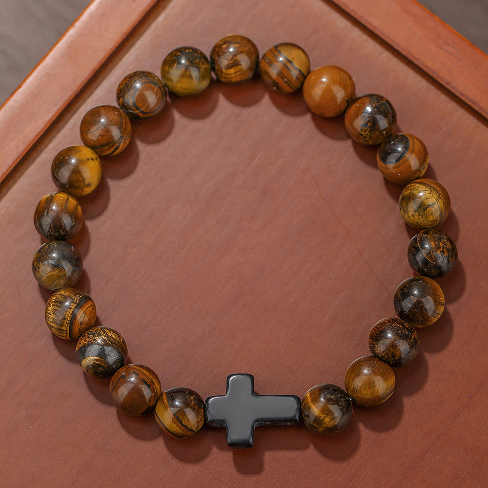 Handmade Geometric Cross Turquoise Tiger Eye Obsidian Lapis Lazuli Beaded Bracelet Unisex