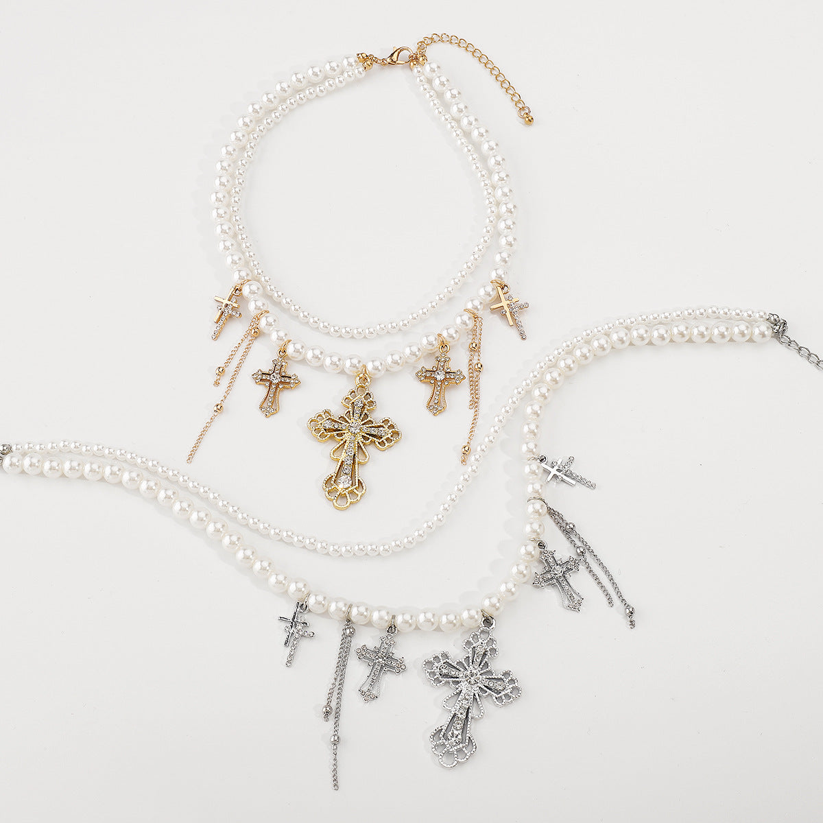 Collar minimalista de doble capa con imitación de perlas y colgante de cruz de forma geométrica, de aleación galvanizada, para mujer