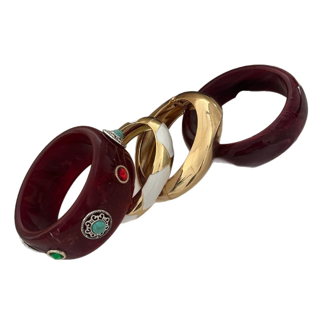 Ethnic Geometric Round Floral Acrylic Bracelet with Rhinestone and Turquoise Inlay Plated Finish