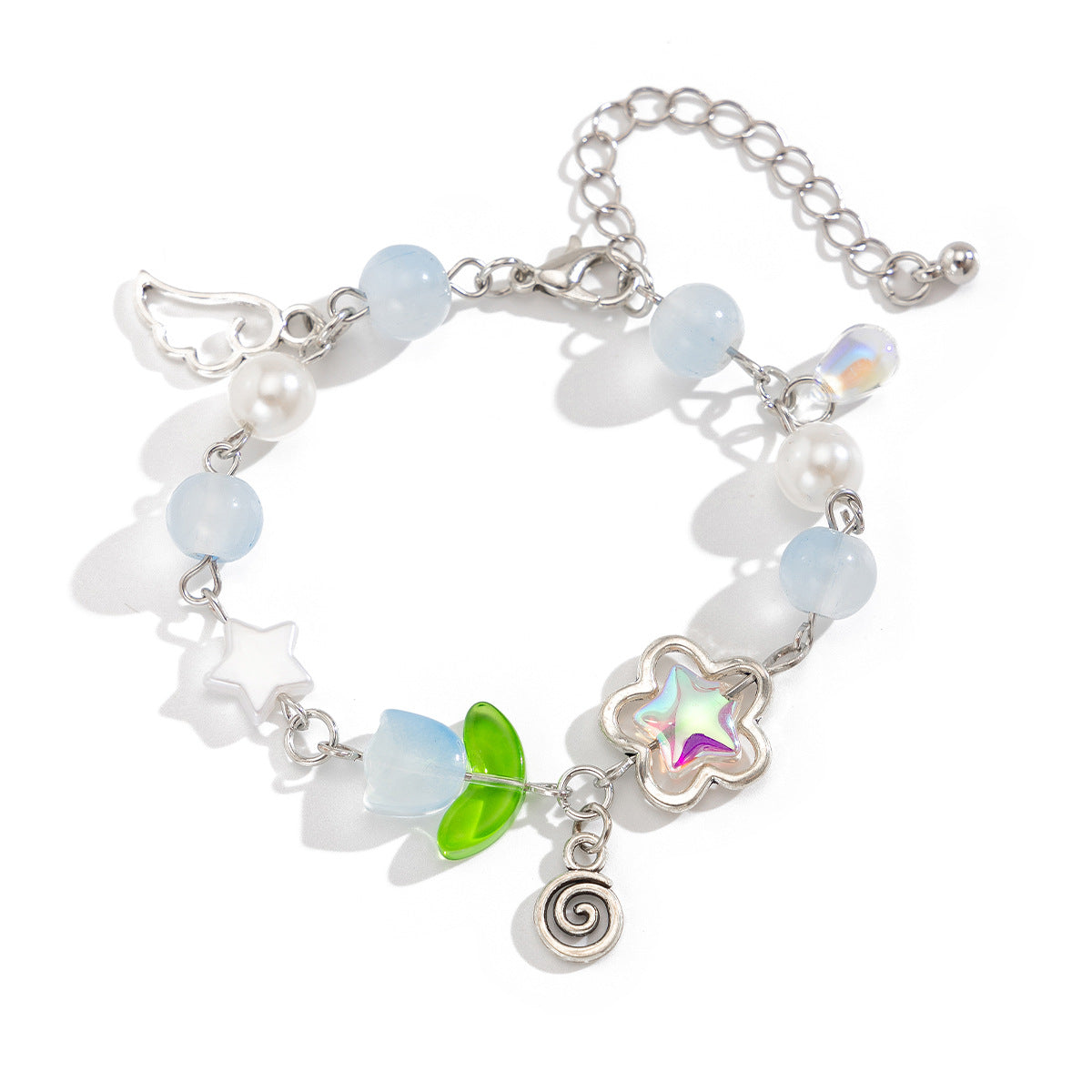 Sweet Floral Alloy Plated Bracelet with Acrylic Strawberry Pearl Tassel