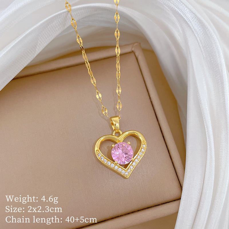 Minimalist Sweet Heart Geometric Titanium Steel Necklace with Rhinestone Inlay Brass Pendant for Women