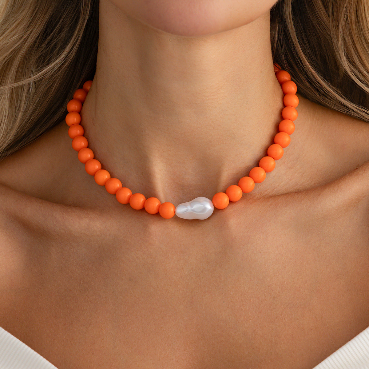 Vintage Geometric Acrylic Beaded Necklace with Baroque Pearl Pendant for Women
