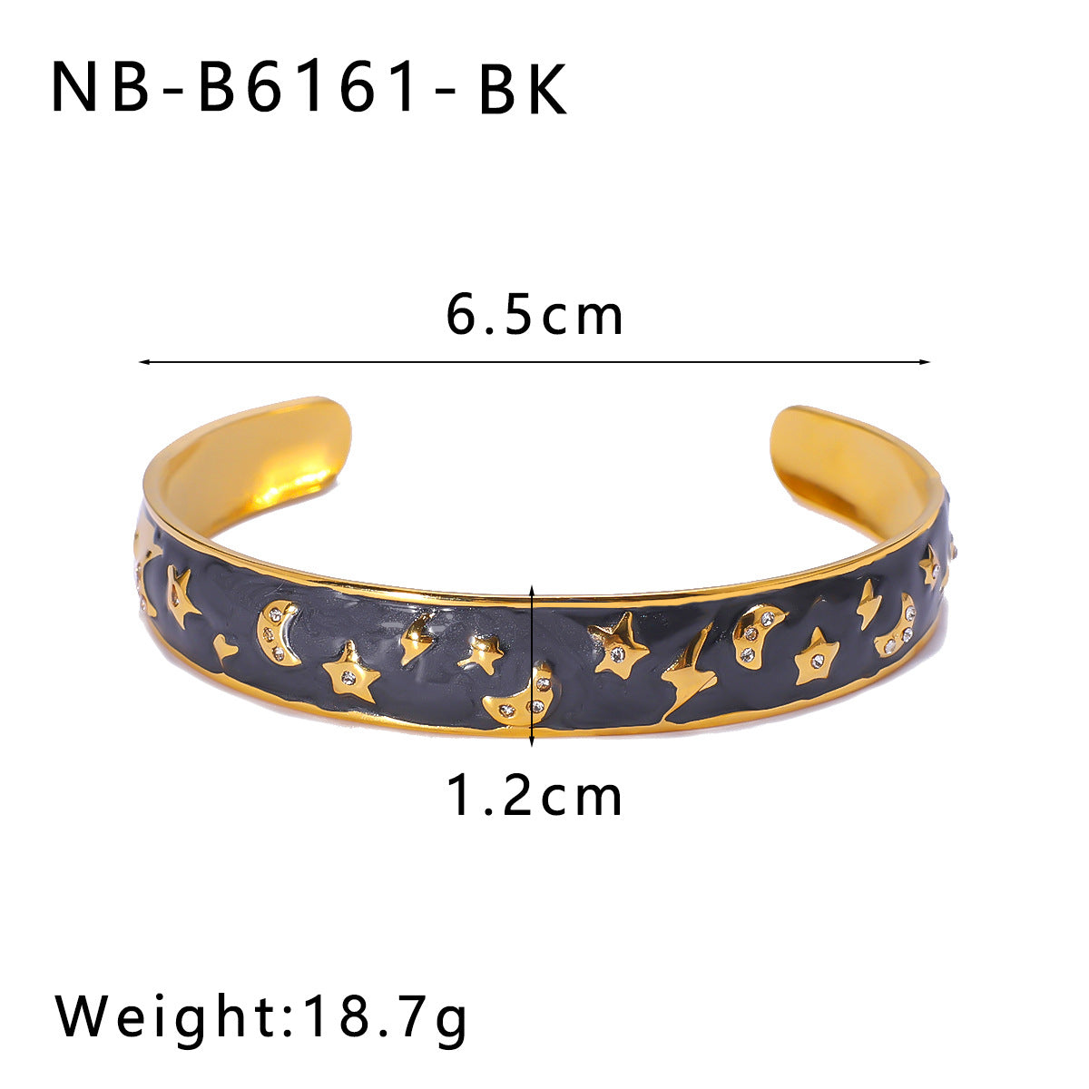 Minimalist C-Shaped Stainless Steel Bracelet with Enamel Stars and Moons, Irregular Asymmetric Design