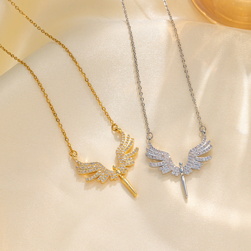 Minimalist Angel Wing Pendant Necklace in Titanium Steel with Micro-Pave Colored Rhinestones on O-Chain