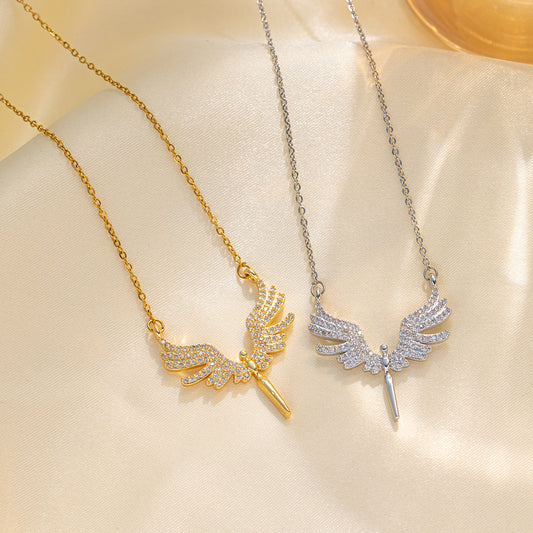 Minimalist Angel Wing Pendant Necklace in Titanium Steel with Micro-Pave Colored Rhinestones on O-Chain