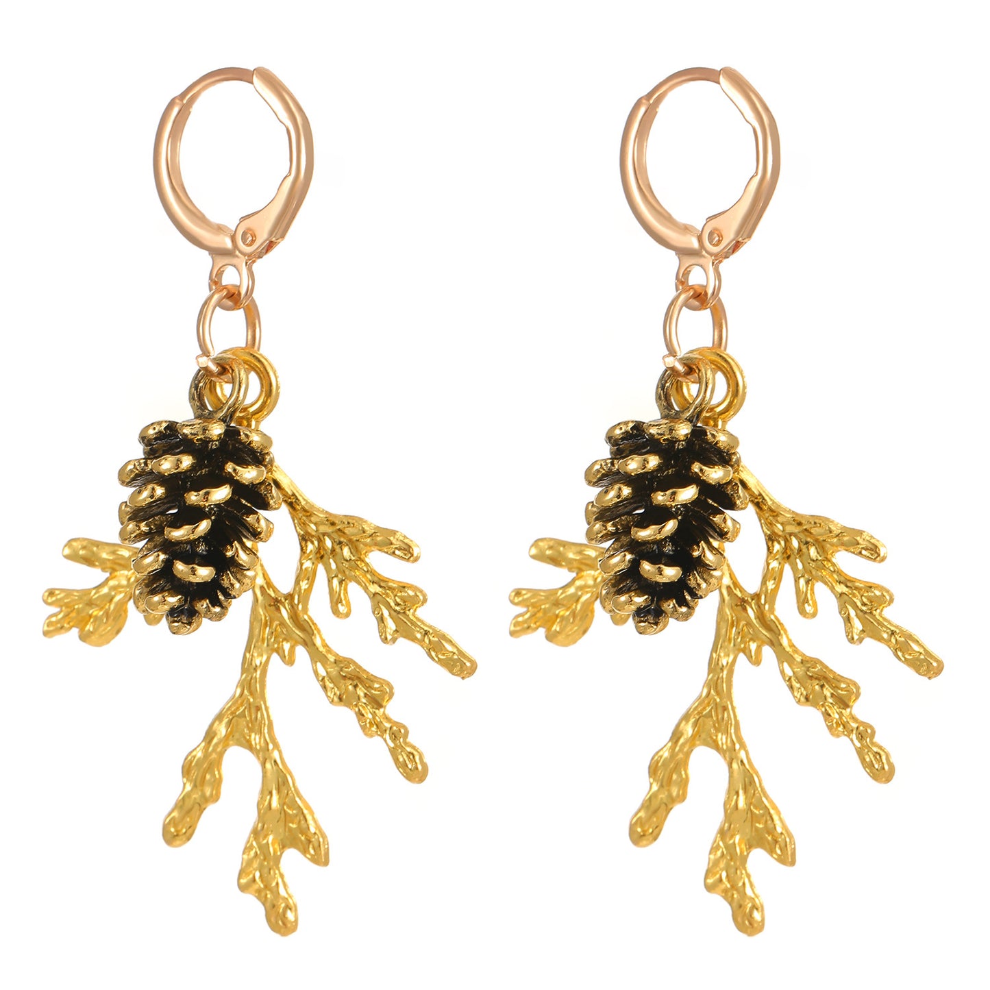 Vintage-Inspired Pine Branch and Pinecone Earrings in Alloy with Gold Plating for Women
