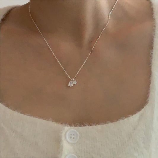 Minimalist Geometric Tulip Pendant Necklace in 925 Sterling Silver with Rhinestone Inlay on Snake Chain