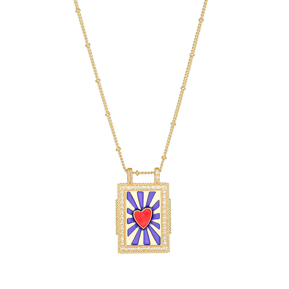 Geometric Gold Plated Brass Drip Oil Cubic Zirconia Inlay Tarot Necklace with Cable Chain