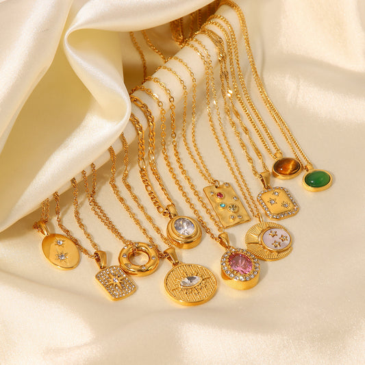 Vintage 18K Gold Plated Stainless Steel Geometric Natural Stone Pendant Necklace for Women