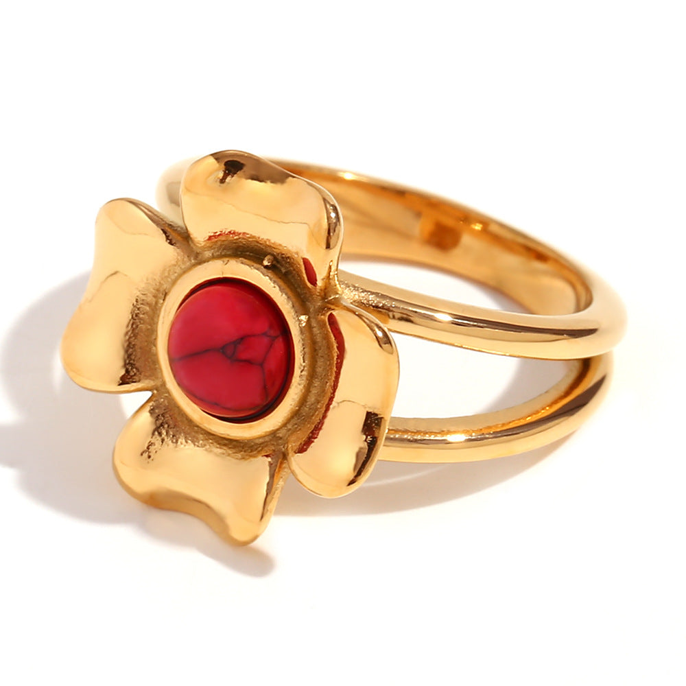 Vintage-Inspired Geometric Stainless Steel Ring with 18K Gold Plating and Micro-Pave Heart Flower Design for Women