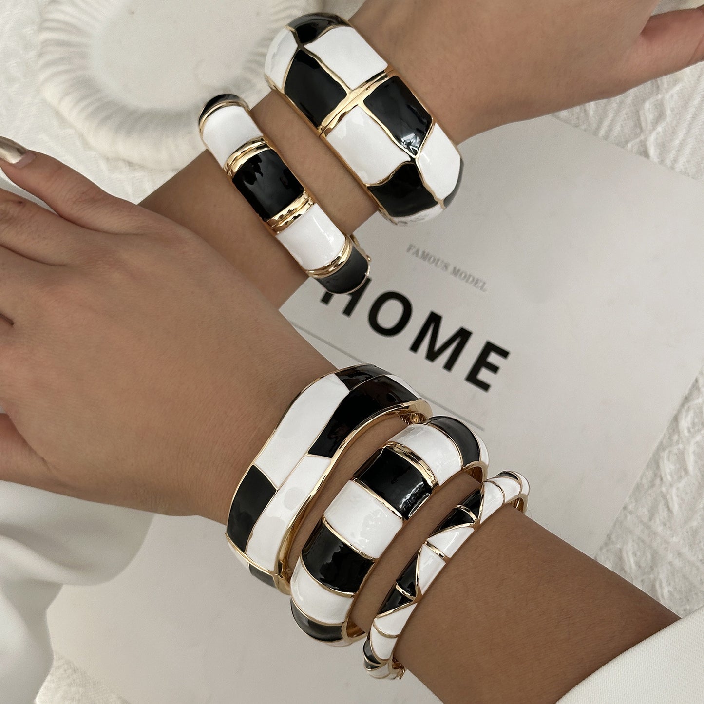Colorful Black and White Checkered Geometric Drip Oil Plated Alloy Cuff Bracelet