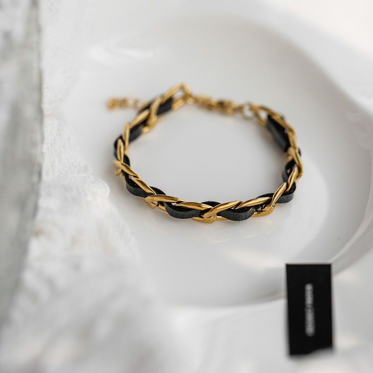 Geometric Leather-Wrapped Titanium Steel Bracelet for Women and Men with Vacuum Plating Finish Minimalist Fashion Accessory