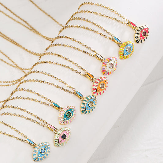 Collana pendente con occhio di Allah in stile bohémien da donna, con base in rame e finitura smaltata a forma geometrica