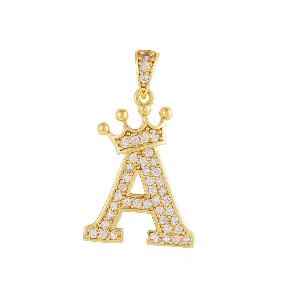 Gold Plated Brass Crown Letter Charm Bar with Cubic Zirconia for DIY Necklace Bracelet