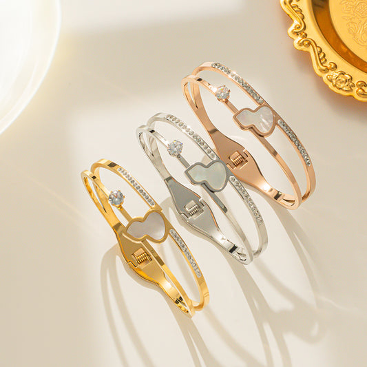 Minimalist Lucky Calabash Bracelet for Women Made of Titanium Steel with 18K Gold Plating and Mother-of-Pearl Inlay
