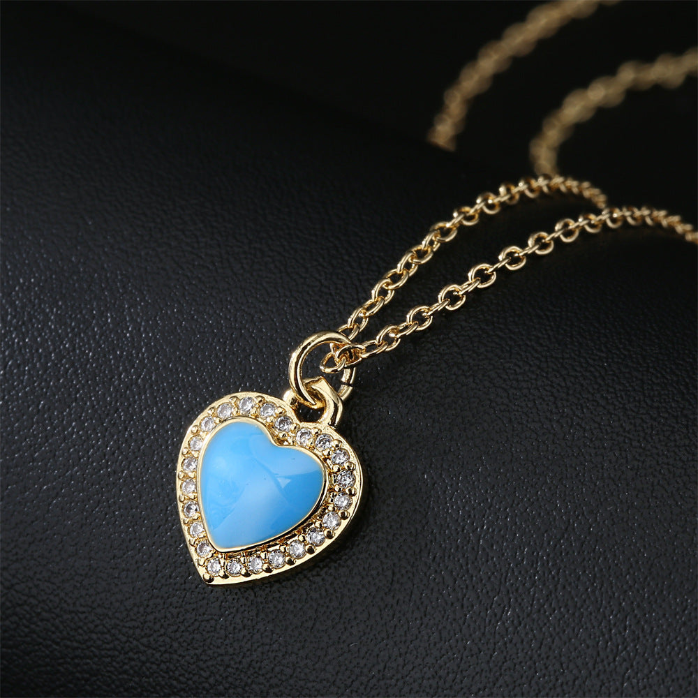 Elegant Heart Micro-Inlaid Cubic Zirconia Drip Oil Brass Pendant Necklace with Cable Chain