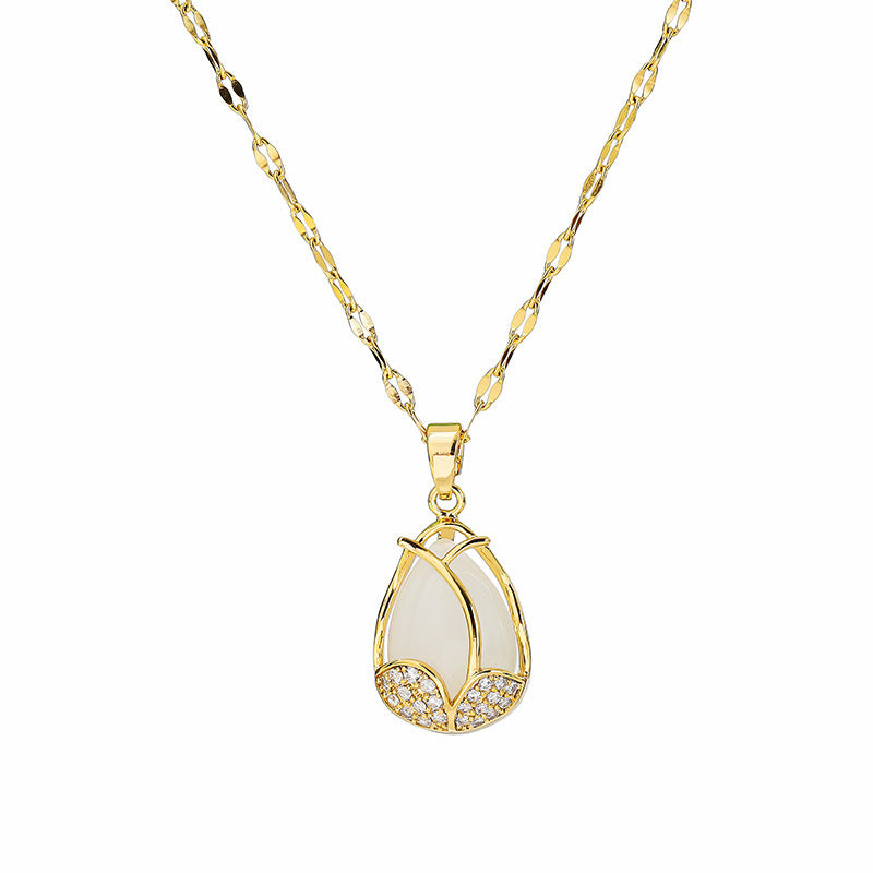 Collana da donna in acciaio al titanio a forma di tulipano con placcatura in oro e intarsio in pietra occhio di gatto, gioielli a collare con catena ondulata