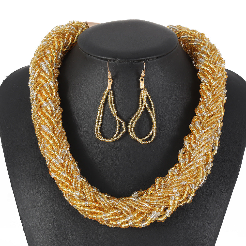 Set di collana multifilo bohémien dolce-grintoso da donna con catena di perline di vetro e girocollo a rete