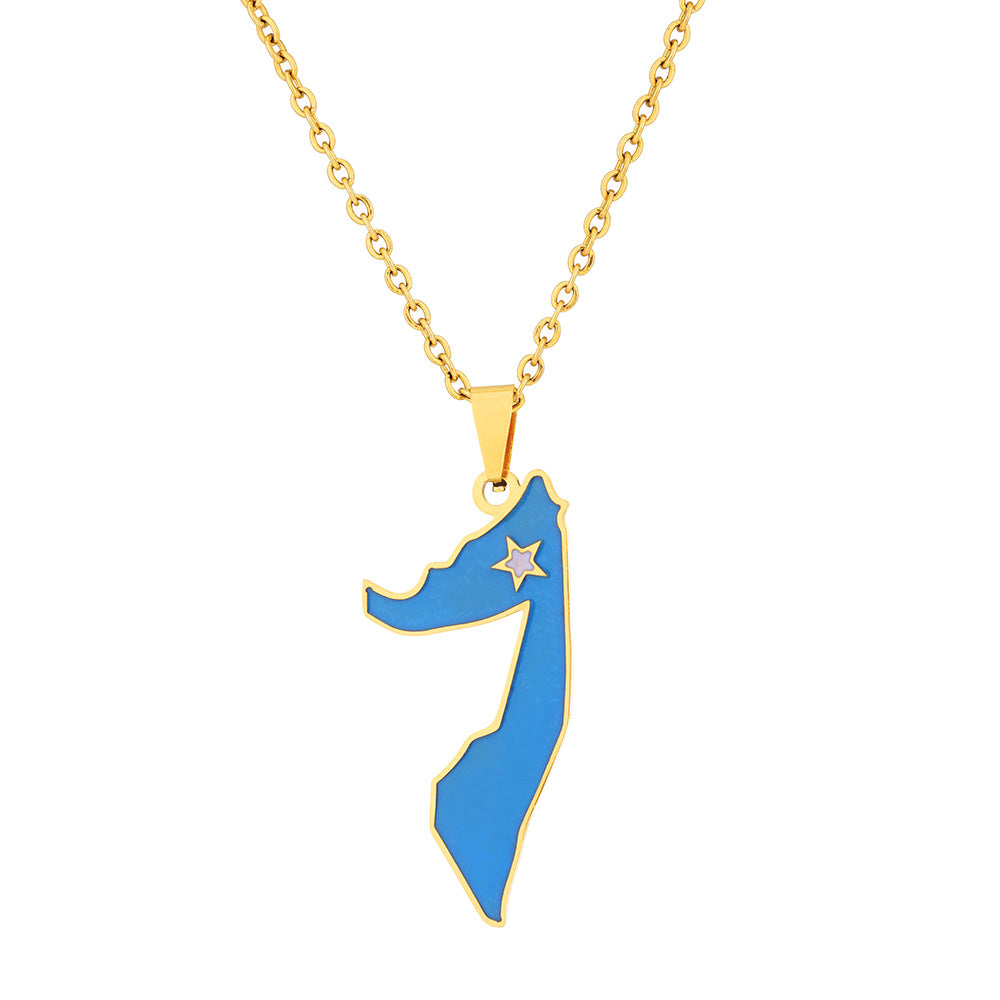 Collar con colgante de mapa étnico geométrico de acero inoxidable esmaltado para mujer con cadena tipo O