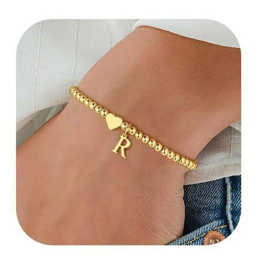Gold Plated Stainless Steel Heart Letter Charm Bracelet for Women