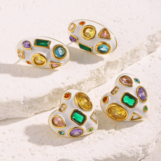 Fashionable Oval Shaped Stainless Steel Earrings with 18K Gold Plating and White Enamel Finish for Women