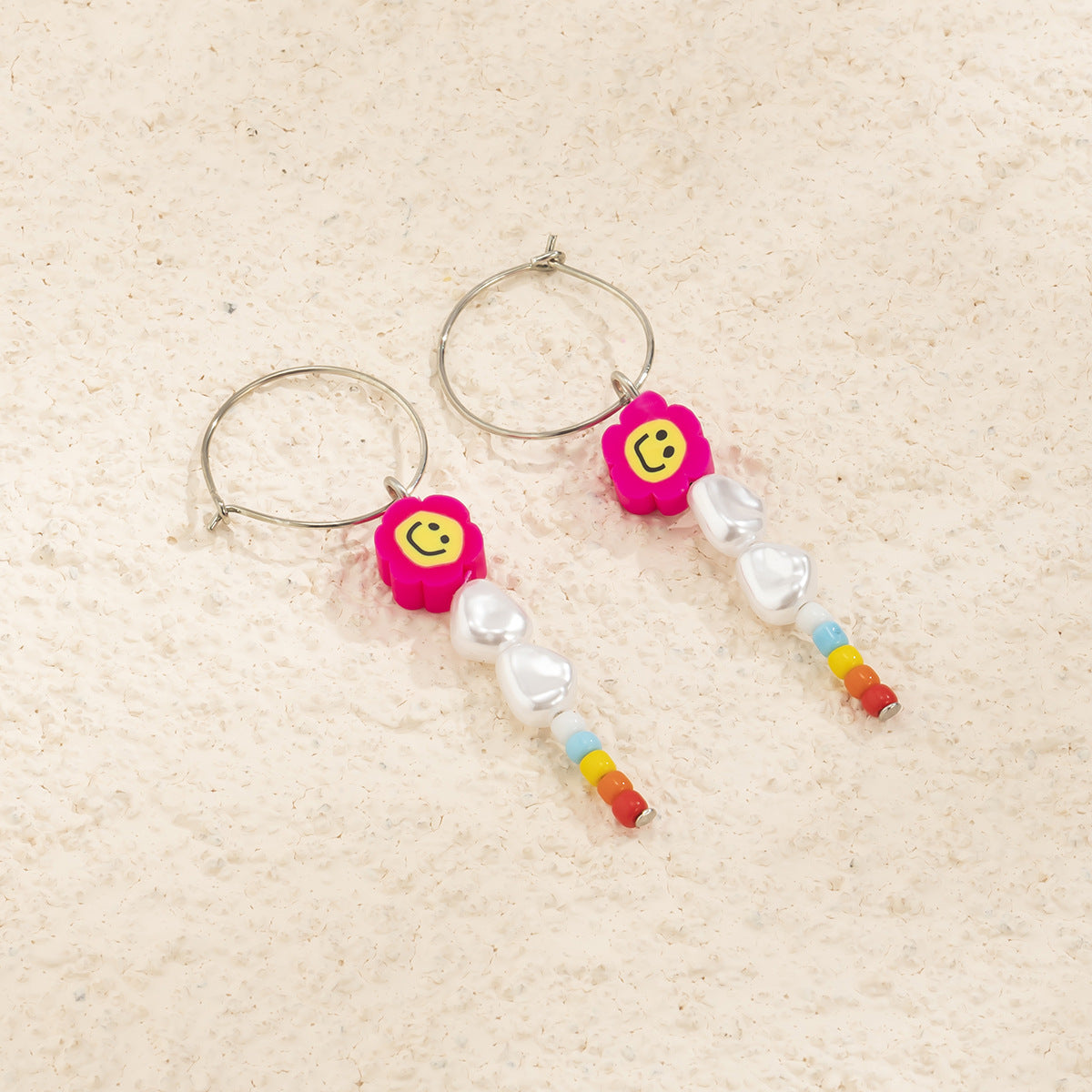 Ethnic Minimalist Geometric Plated Iron Earrings with Colorful Clay Smileys and Rice Beads