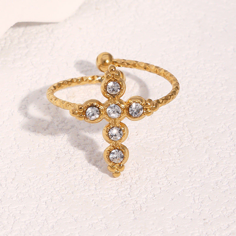 Vintage Minimalist Cross Ring 18K Gold Plated Stainless Steel Open Adjustable Geometric Jewelry for Women