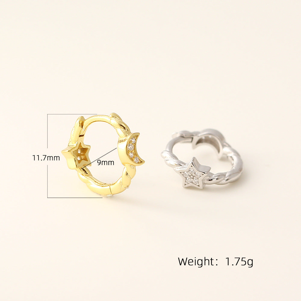 Dulces Pendientes de Aro Geométricos de Plata de Ley 925 con Diseño de Estrella y Luna y Diamantes para Mujer