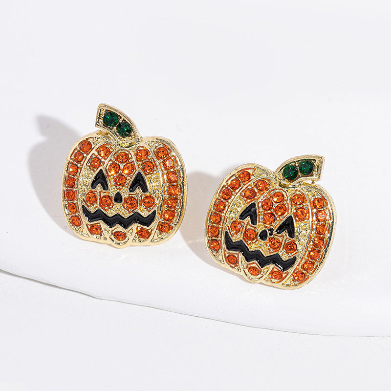 Orecchini Eleganti a Mostro Cartone Animato con Finitura Smaltata e Strass per Donna, Design Zucca di Halloween e Maschera da Strega