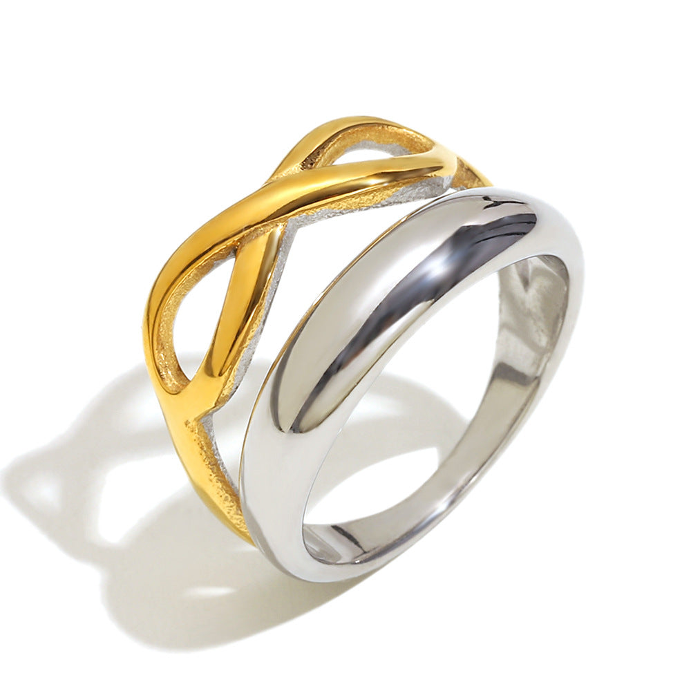 Minimalist Geometric Stainless Steel Ring with 18K Gold Plating for Women, Double-Layer Figure-Eight Design, Lightweight Luxury Hand Jewelry