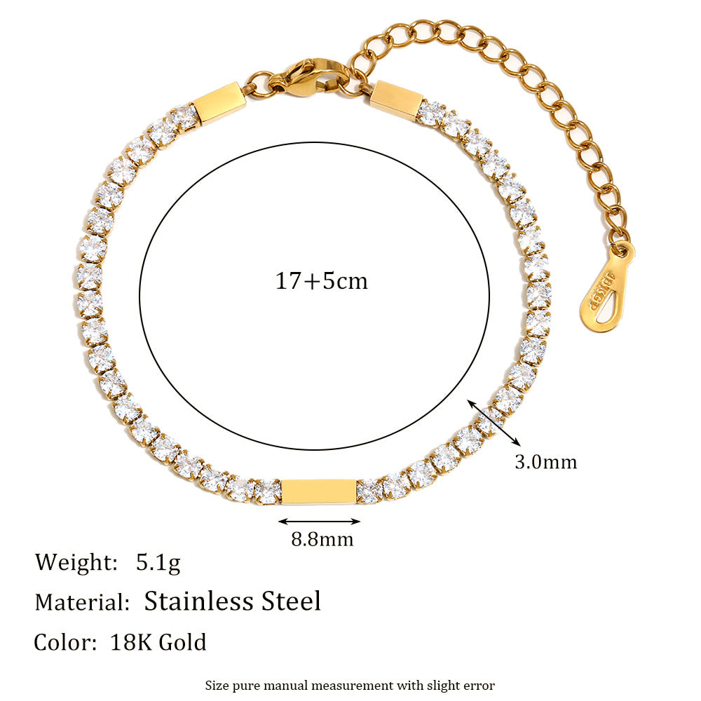 Fashionable Minimalist Geometric Stainless Steel Plated 18K Gold 3mm Cubic Zirconia Bracelet for Women