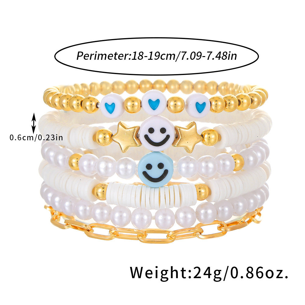 Bohemian Geometric Round Pearl Resin Bracelet Set Plated Smile Face Design for Women and Men
