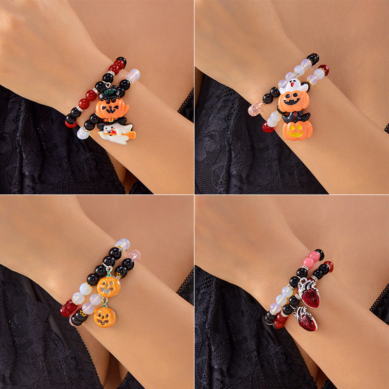 Pulsera con colgante de fantasma y calabaza temática de Halloween con dije de corazón, diseño geométrico, joyería de cristal hecha a mano para mujeres y hombres