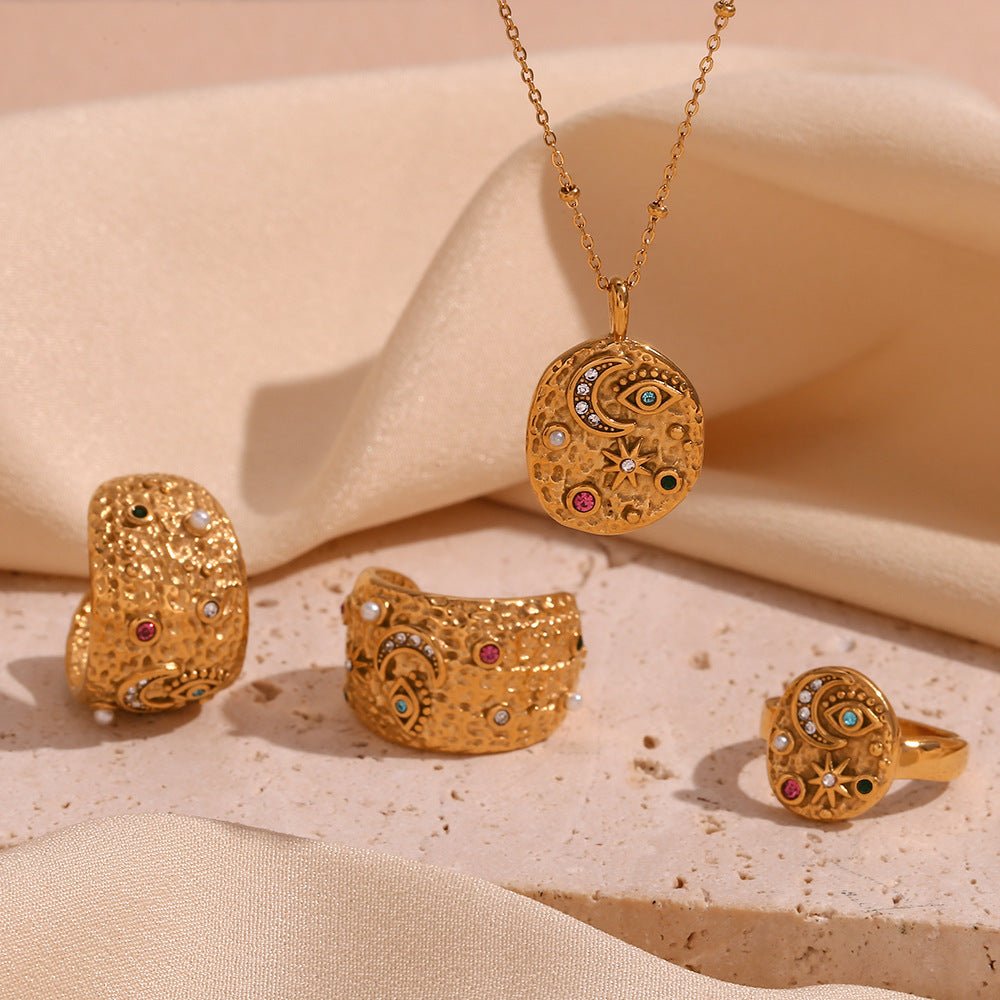 Collana Pendente Geometrica Minimalista Stella e Luna da Donna in Acciaio Inossidabile Placcato Oro 18K