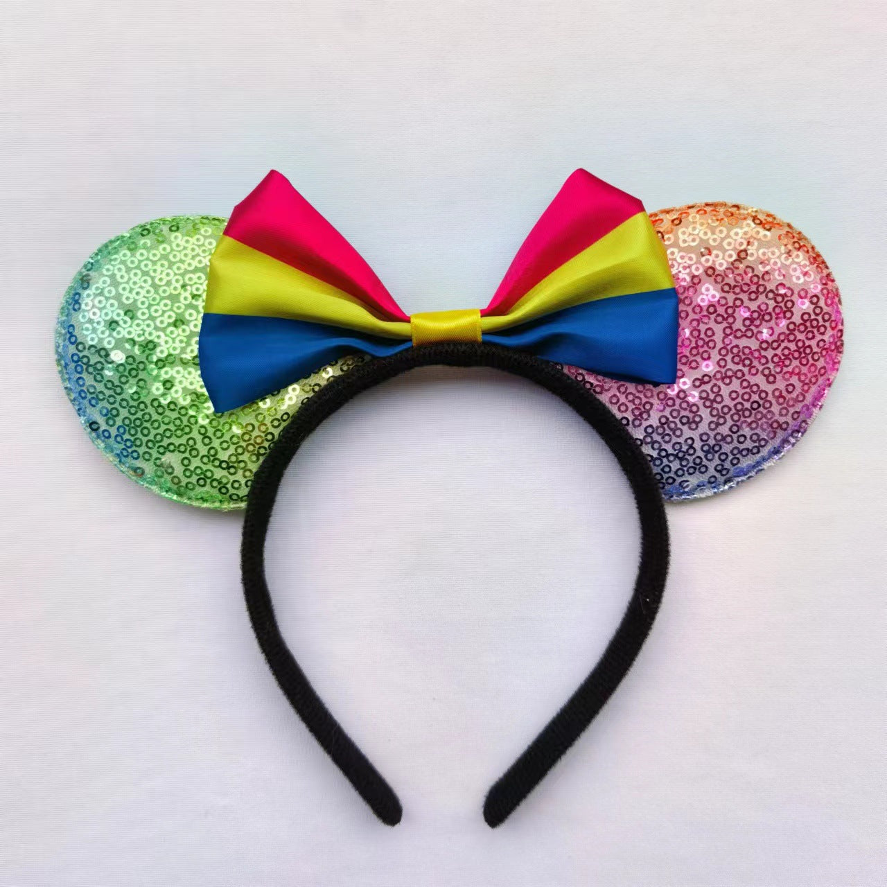 Cartoon Mickey Mouse Ear Headband with Rainbow Sequins and Bow for Theme Parties