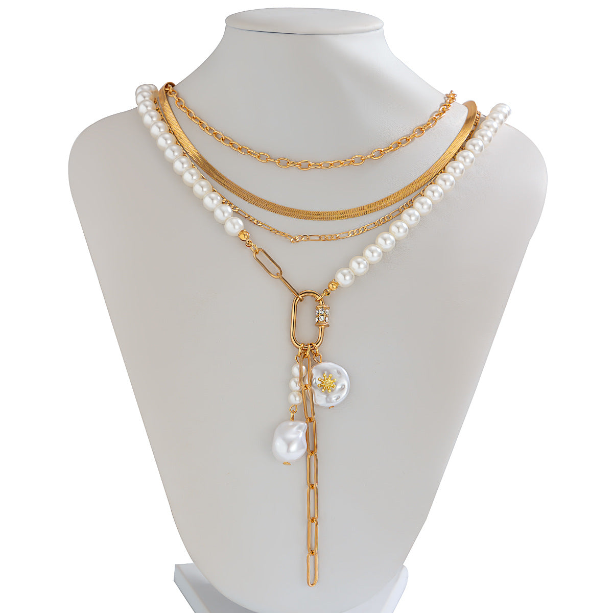 Baroque-Inspired Multi-Layer Pearl-Style Necklace with Snake Chain for Women Geometric Pendant Rhinestone Inlay Asymmetrical Layering Sweater Chain