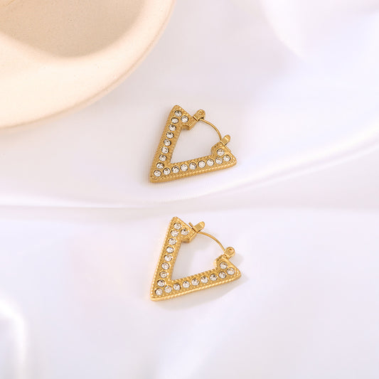 Minimalist Geometric Triangle Stainless Steel Stud Earrings with Zircon Inlay and 18K Gold Plating