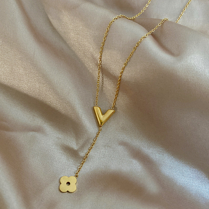 Minimalist Titanium Steel V Letter Flower Tassel Necklace