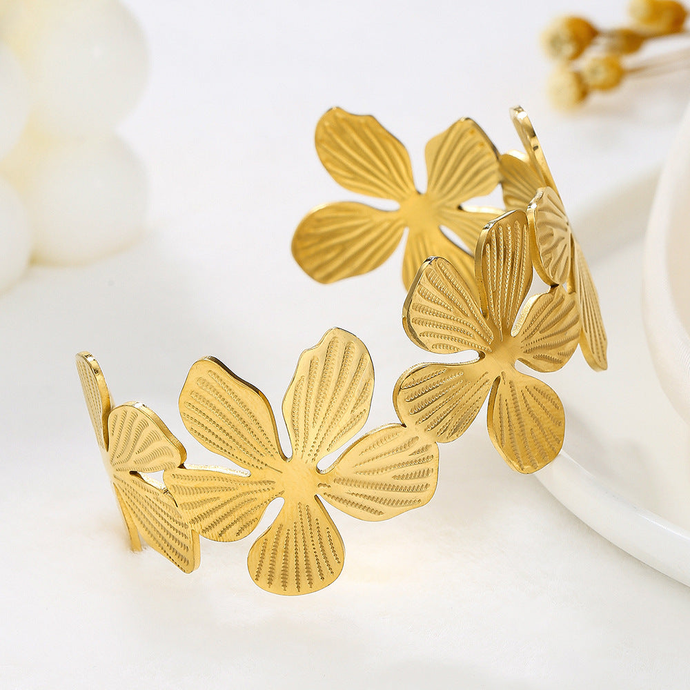 18K Gold Plated Geometric Floral Stainless Steel Cuff Bracelet