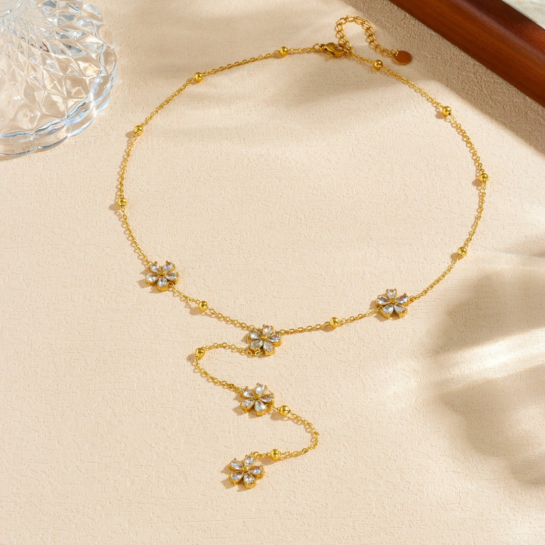 Minimalist Gold Plated Stainless Steel Floral Rhinestone Tassel Necklace for Women