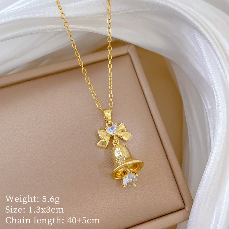 Butterfly Bow Knot Bell Pendant Necklace for Women with Full Rhinestone Accents in Titanium Steel Chain, Elegant Minimalist Style