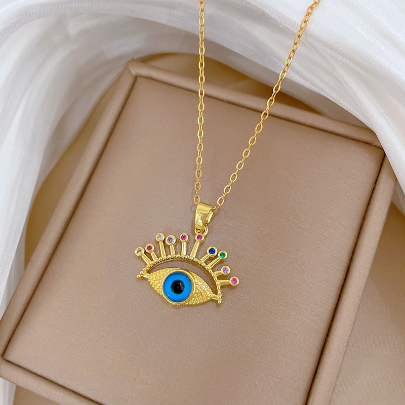 Sweet Elegant Colorful Eye and Eyelash Geometric Rhinestone Pendant Necklace Titanium Steel Cable Chain for Unisex